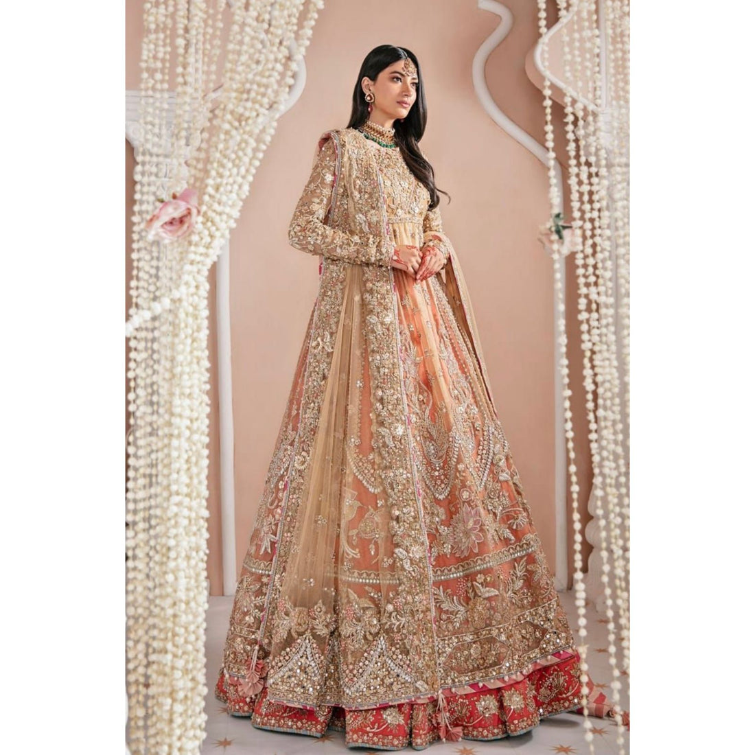 Pakistani Indian Style Premium Women’s Net Ensemble with Intricate ADDA Work, Silk Lehnga & Dupatta