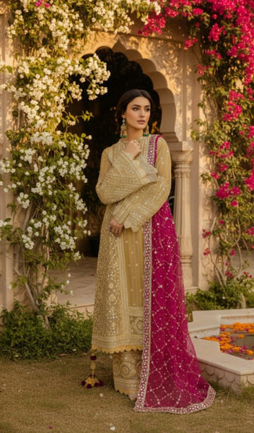 Golden Striped Embellished Formal Dress with Magenta Dupatta