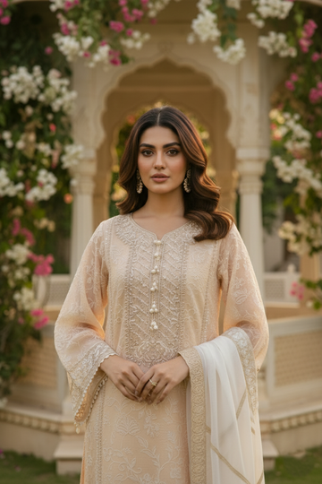 Elegant Cream-Peach Cotton Net 3-Piece Ensemble with Tassel Karandi Dupatta