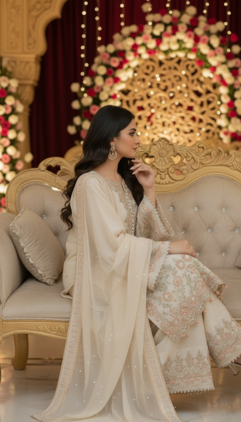 Pakistani Embroidered Cotton Net 3-Piece Suit in Biscuit Tone with Organza Dupatta