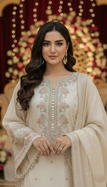 Pakistani Embroidered Cotton Net 3-Piece Suit in Biscuit Tone with Organza Dupatta