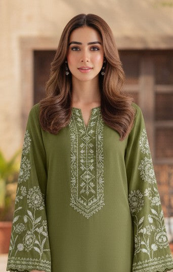 Elegant Olive Green Embroidered 2-Piece Dress