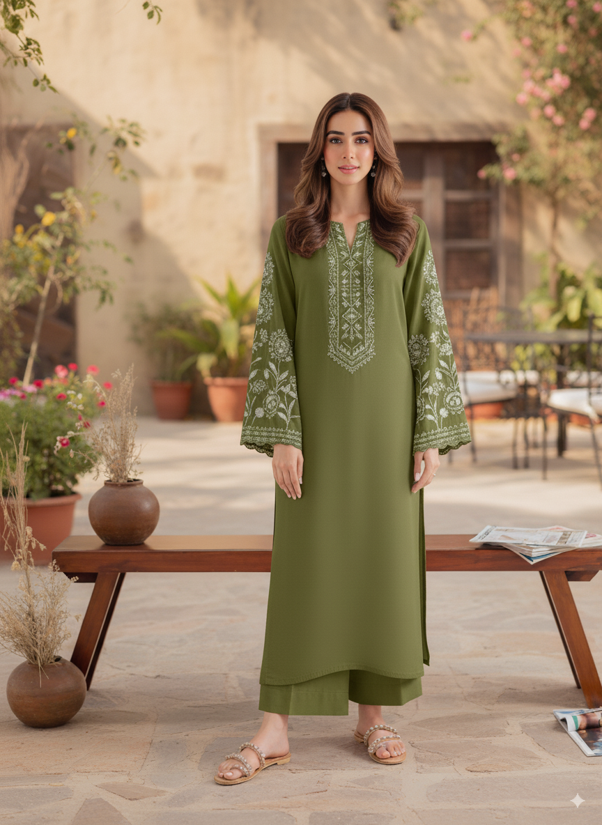 Elegant Olive Green Embroidered 2-Piece Dress