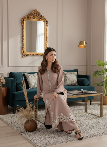 Beige Embroidered 2-Piece Suit – Modern Straight Shirt & Trousers