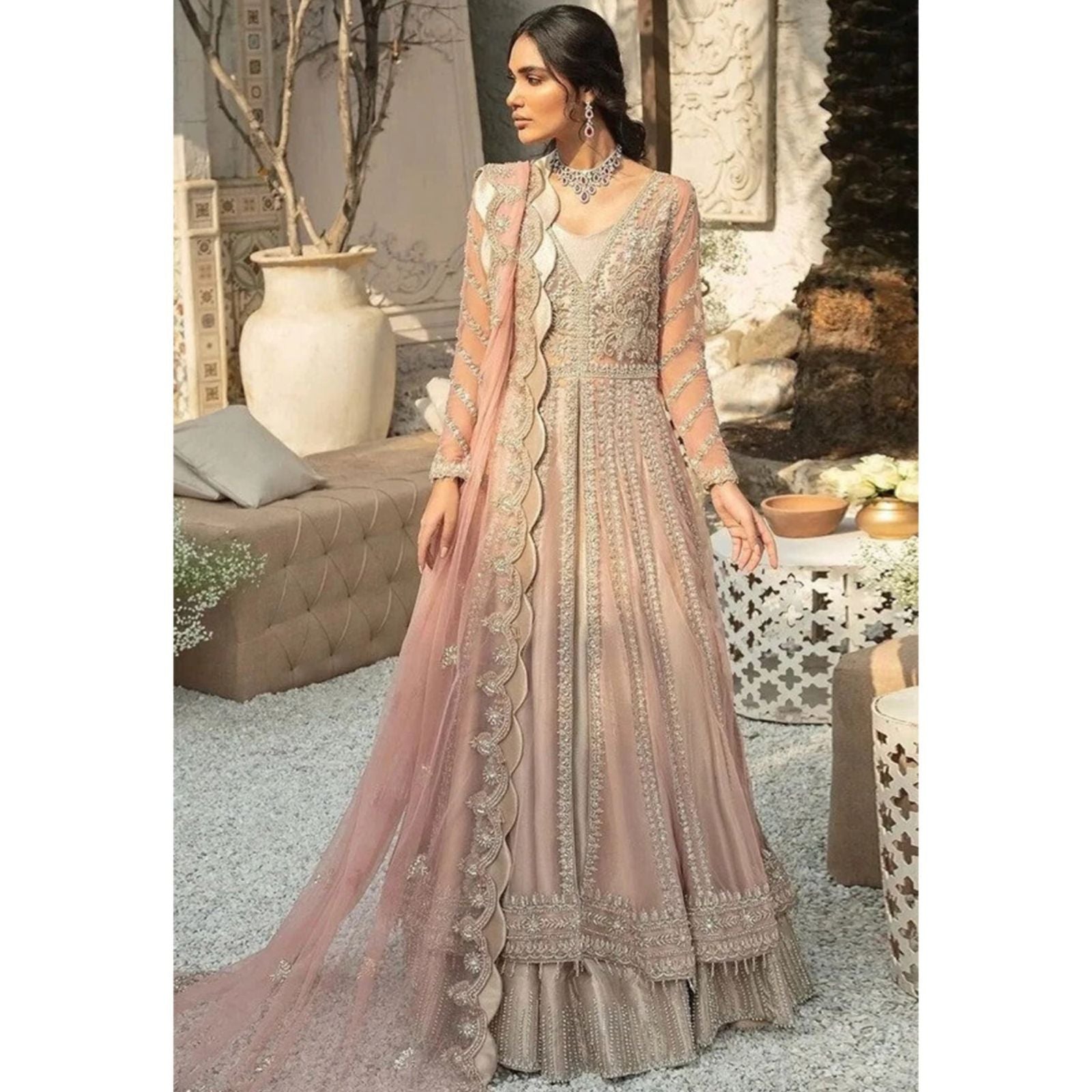 Blush Pink Maxi Gown with Hand-Embroidered Dupatta – Formal & Wedding Wear