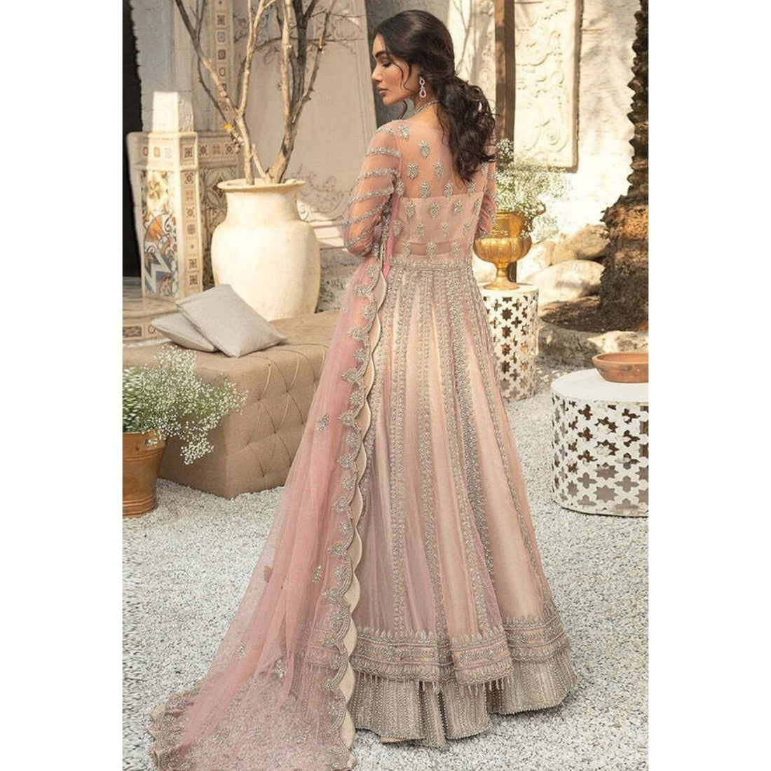 Blush Pink Maxi Gown with Hand-Embroidered Dupatta – Formal & Wedding Wear