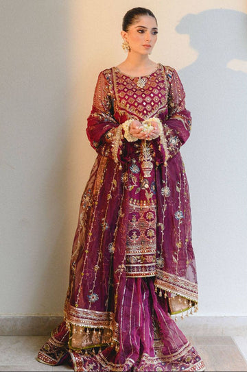 Pakistani & Indian Style Maroon Hand-Embroidered Net Formal Ensemble for Women