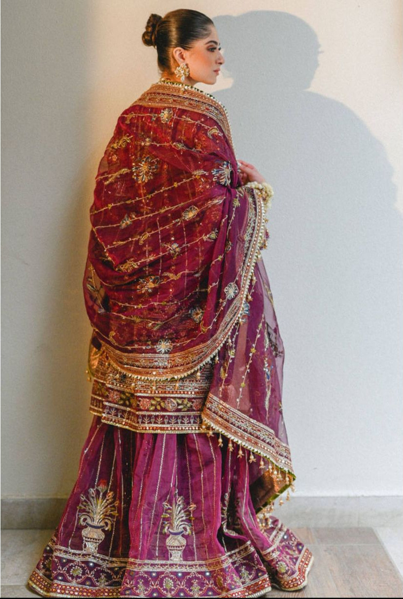 Pakistani & Indian Style Maroon Hand-Embroidered Net Formal Ensemble for Women