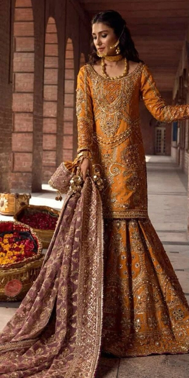 Pakistani & Indian Style Mustard Gold Embroidered Net Bridal Ensemble with Mauve Dupatta for Women