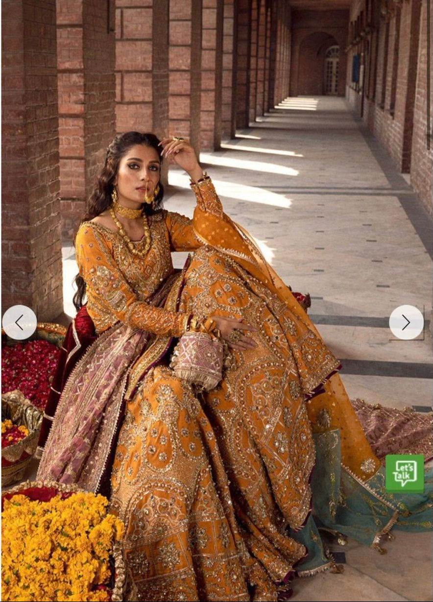 Pakistani & Indian Style Mustard Gold Embroidered Net Bridal Ensemble with Mauve Dupatta for Women