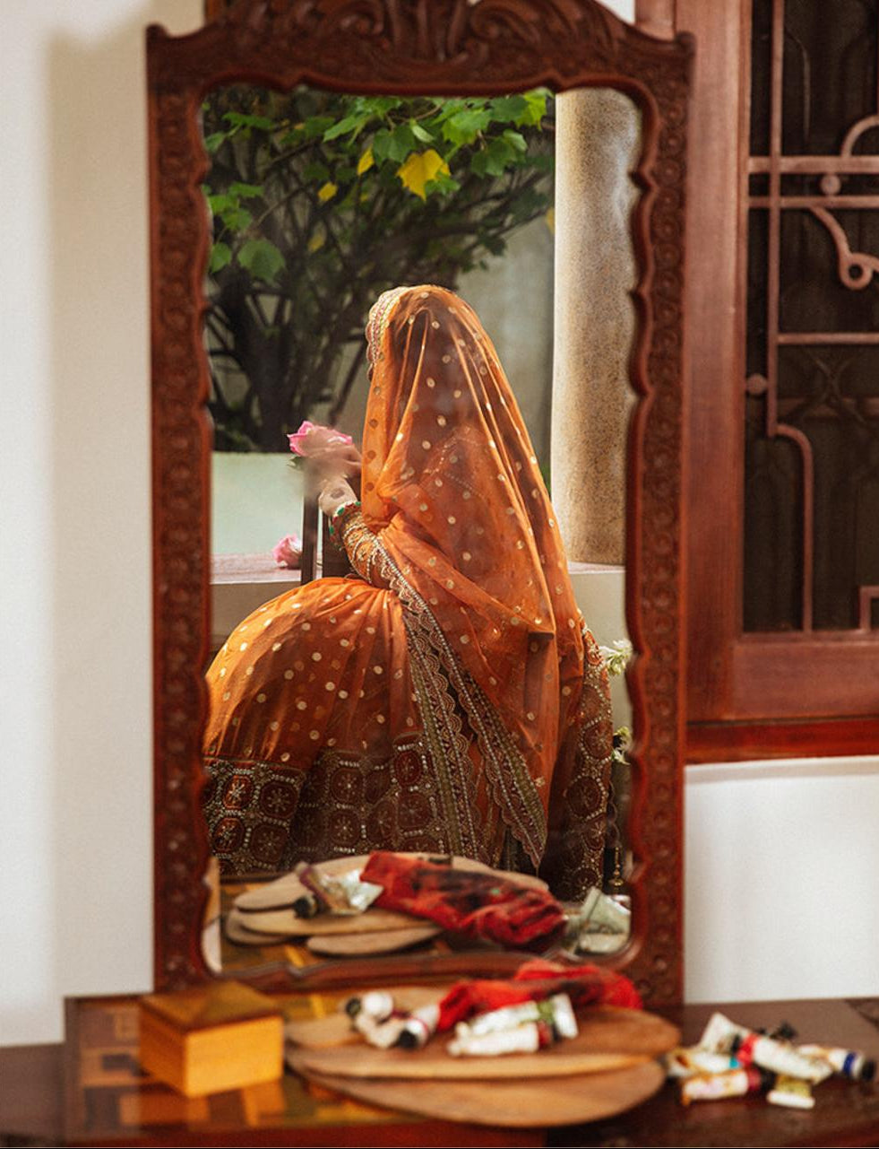 Indian & Pakistani Burnt Orange Embroidered Net Formal Ensemble with Heavy Dupatta and Gharara
