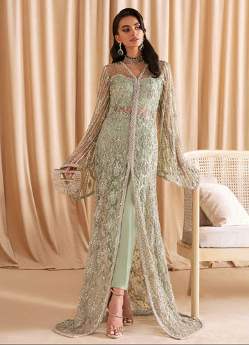Pakistani Indian Style Wedding Elara – Mint Green Embroidered Net Long Gown Ensemble