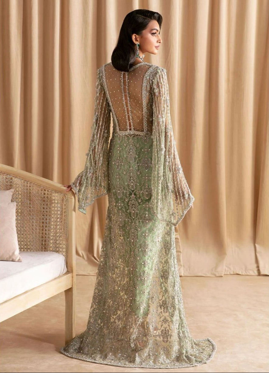 Pakistani Indian Style Wedding Elara – Mint Green Embroidered Net Long Gown Ensemble