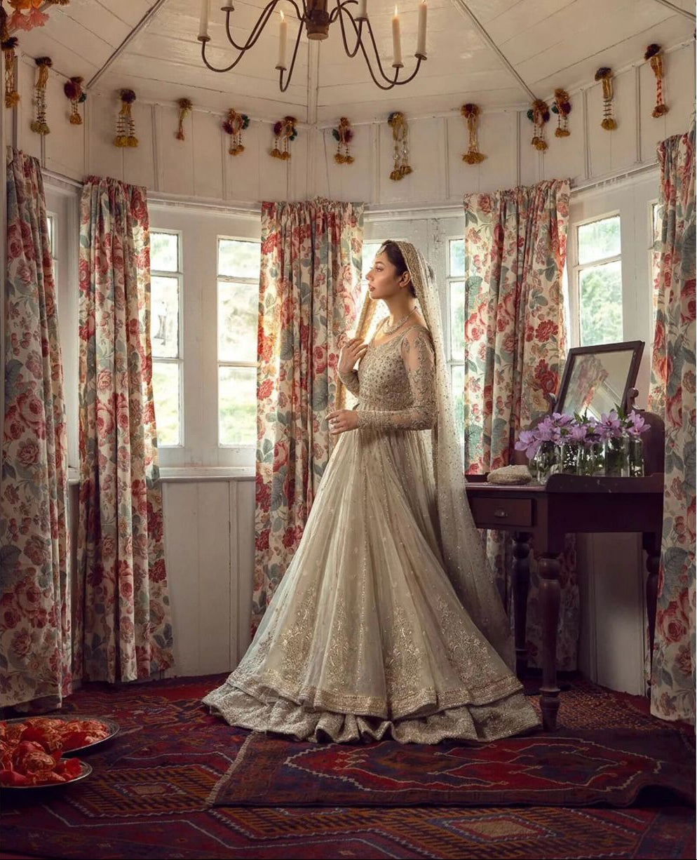 Pakistani Indian Style Champagne Gold Hand-Embroidered Bridal Lehenga Ensemble