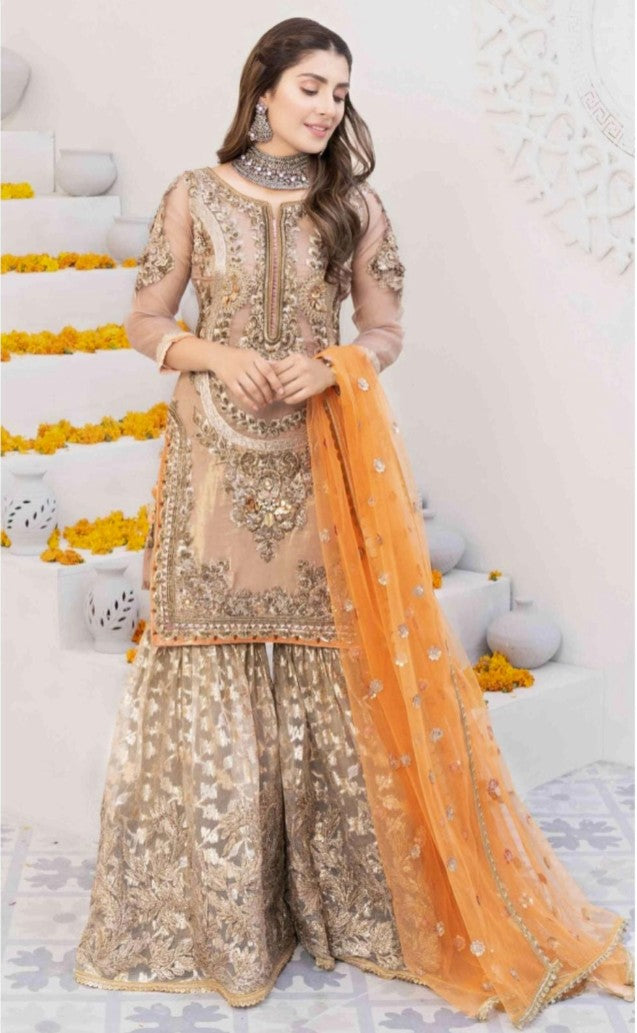 Indian & Pakistani Style Nude Beige Embroidered Net Formal Ensemble with Sharara and Dupatta for Women
