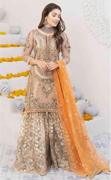 Indian & Pakistani Style Nude Beige Embroidered Net Formal Ensemble with Sharara and Dupatta for Women
