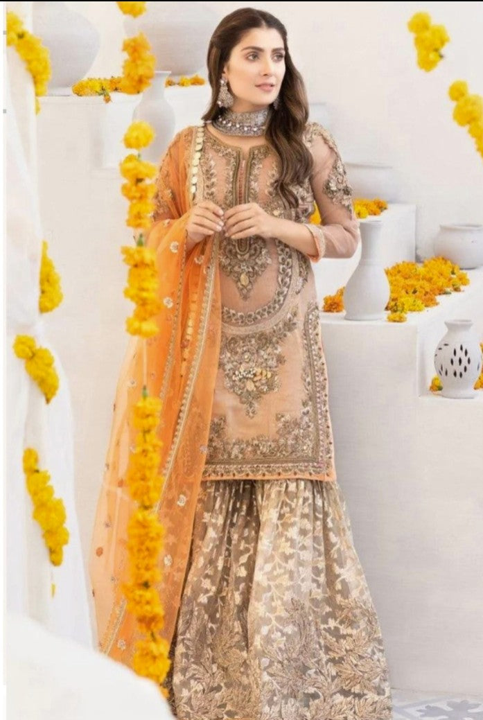 Indian & Pakistani Style Nude Beige Embroidered Net Formal Ensemble with Sharara and Dupatta for Women