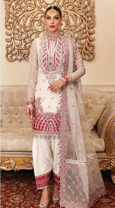 Indian & Pakistani Style White and Red Embroidered Net Formal Ensemble for Women