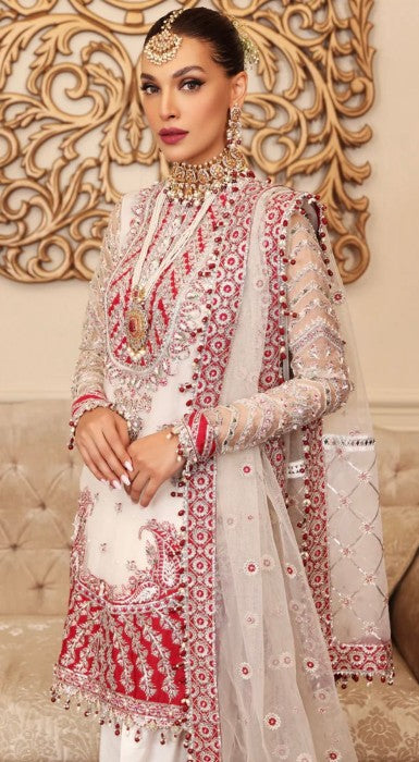Indian & Pakistani Style White and Red Embroidered Net Formal Ensemble for Women