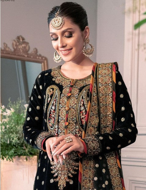 Indian & Pakistani Style Black Velvet Embroidered Formal Ensemble with Dupatta for Women