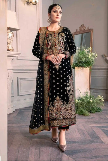 Indian & Pakistani Style Black Velvet Embroidered Formal Ensemble with Dupatta for Women