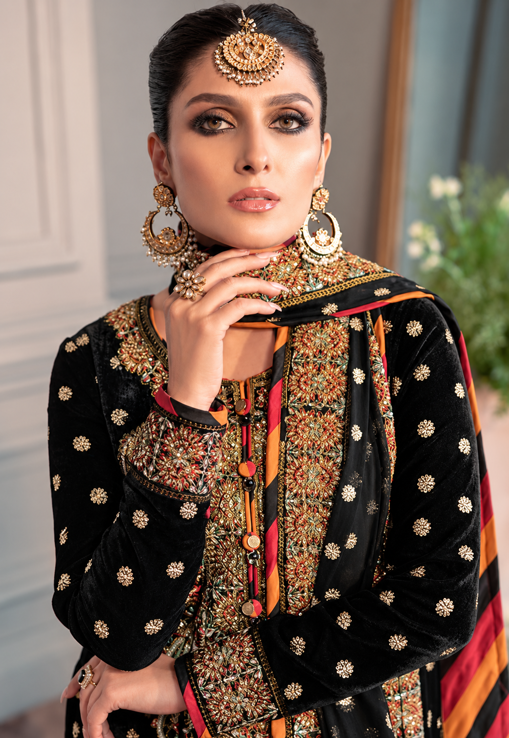 Indian & Pakistani Style Black Velvet Embroidered Formal Ensemble with Dupatta for Women