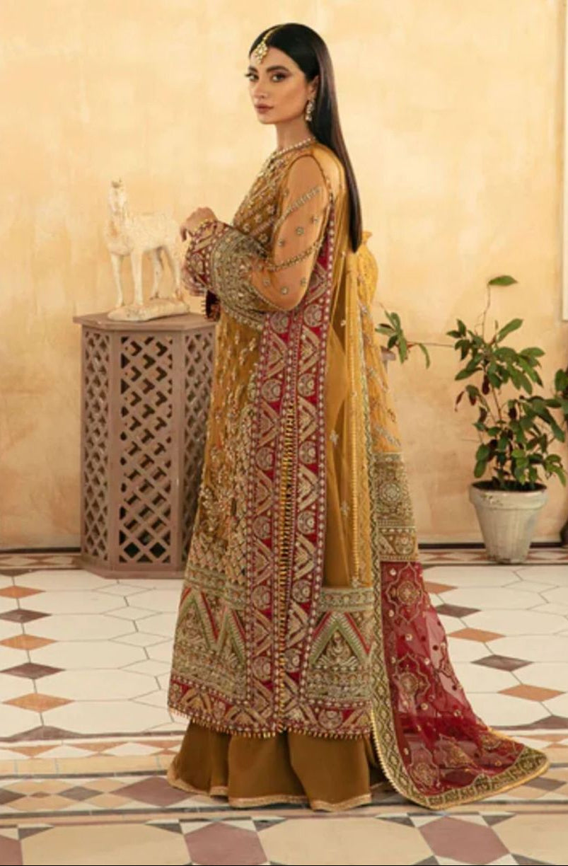Pakistani & Indian Mustard Gold Embroidered Net Formal Suit – Luxury Organza Shalwar Kameez