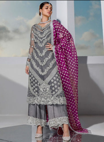 Luxury Grey Net Embroidered 3-Piece Suit with Silver Detailing & Contrast Dupatta