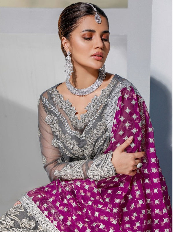 Luxury Grey Net Embroidered 3-Piece Suit with Silver Detailing & Contrast Dupatta