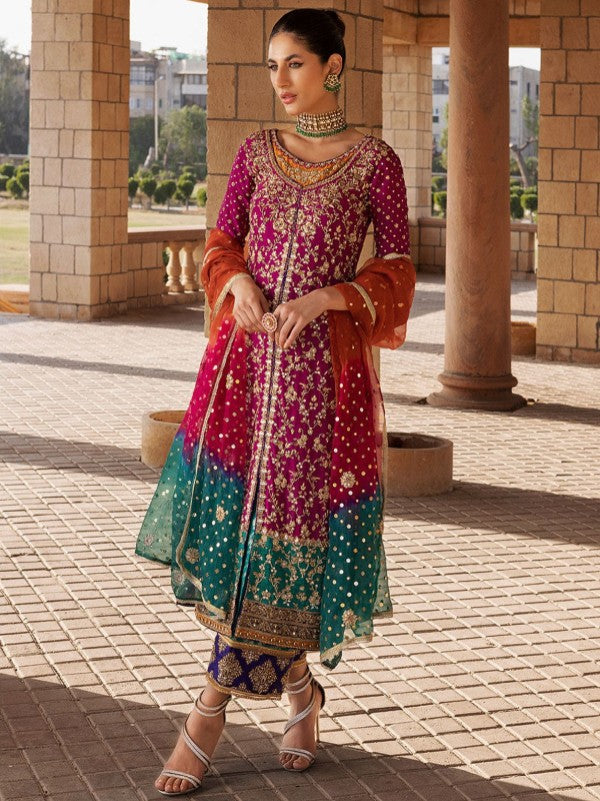 Luxury Hand-Embroidered Chiffon Shirt with Silk Pants & Net Dupatta