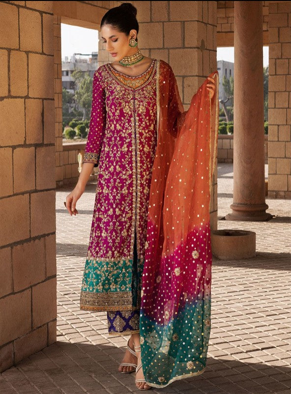 Luxury Hand-Embroidered Chiffon Shirt with Silk Pants & Net Dupatta