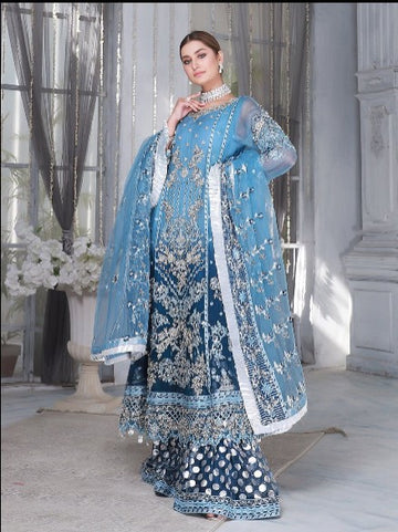 Indian & Pakistani Style Elegant Sky Blue & Navy Embroidered Net Formal Ensemble with Sharara and Dupatta