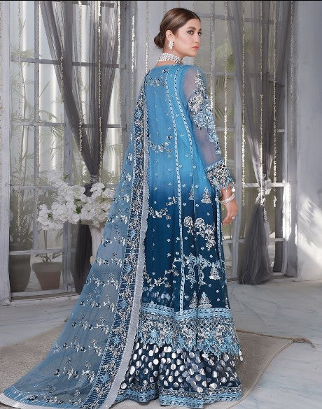 Indian & Pakistani Style Elegant Sky Blue & Navy Embroidered Net Formal Ensemble with Sharara and Dupatta