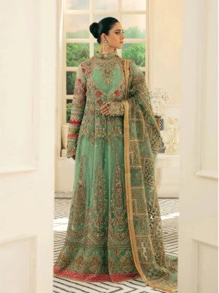 Indian & Pakistani Style Sea Green Embroidered Net Formal Ensemble with Handcrafted Dupatta and Sharara