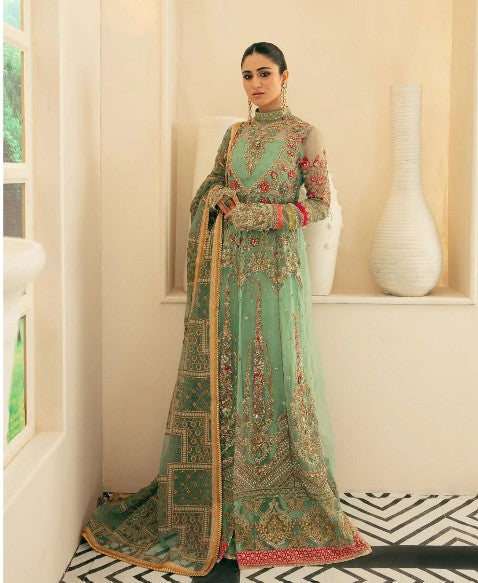 Indian & Pakistani Style Sea Green Embroidered Net Formal Ensemble with Handcrafted Dupatta and Sharara