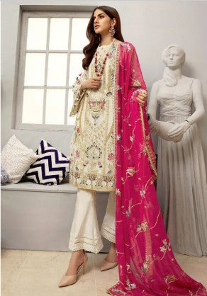 Indian & Pakistani Style Ivory Embroidered Chiffon Ensemble with Hot Pink Dupatta and Trousers