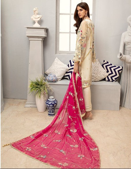 Indian & Pakistani Style Ivory Embroidered Chiffon Ensemble with Hot Pink Dupatta and Trousers