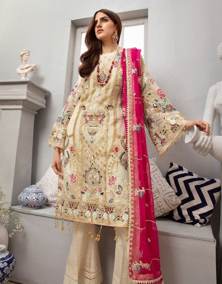 Ivory Embroidered Net Suit with Hot Pink Statement Dupatta (3-Piece)
