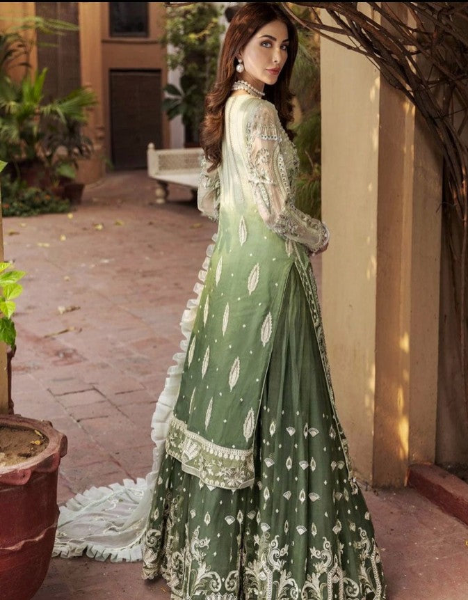 Indian & Pakistani Olive Green and Ivory Embroidered Net Formal Dress with Dupatta and Sharara