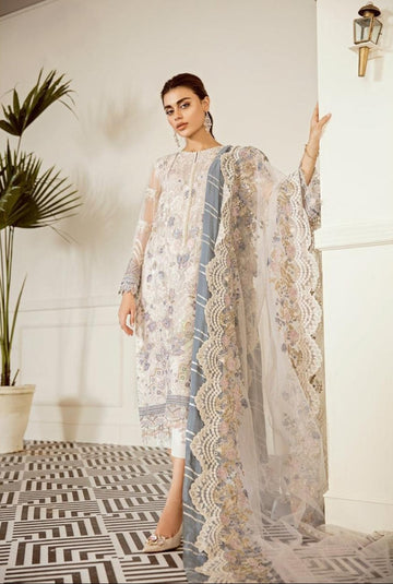 Indian & Pakistani Style Pastel Embroidered Net Suit with Scalloped Lace Dupatta (3-Piece)