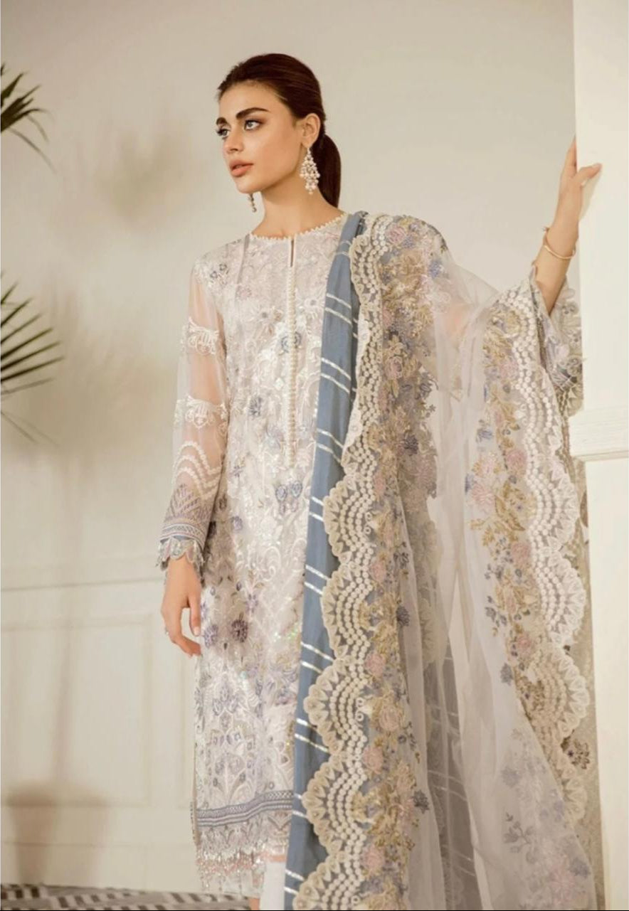 Indian & Pakistani Style Pastel Embroidered Net Suit with Scalloped Lace Dupatta (3-Piece)