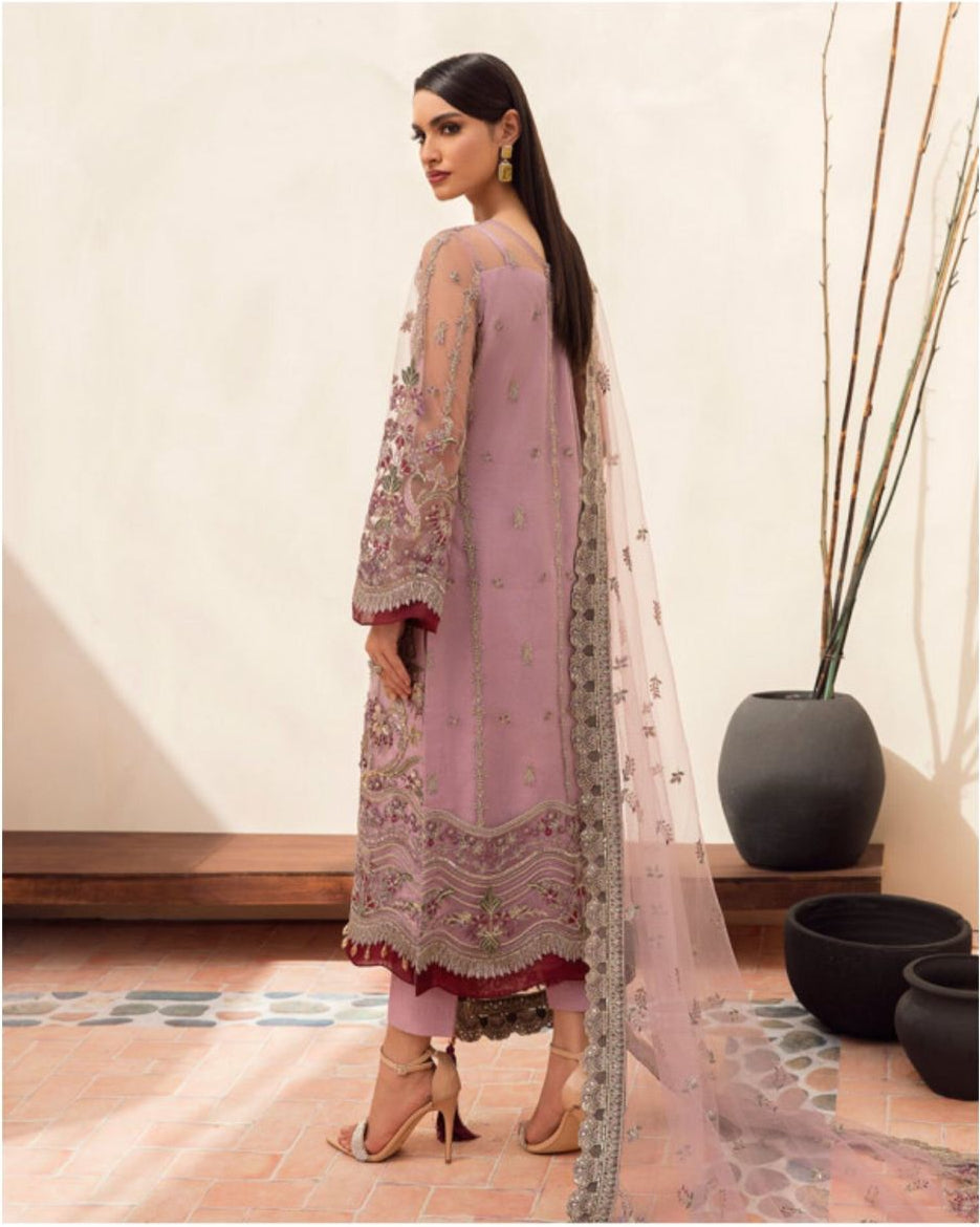 Pakistani Indian Style Dusty Mauve Embroidered Net Formal Shalwar Kameez