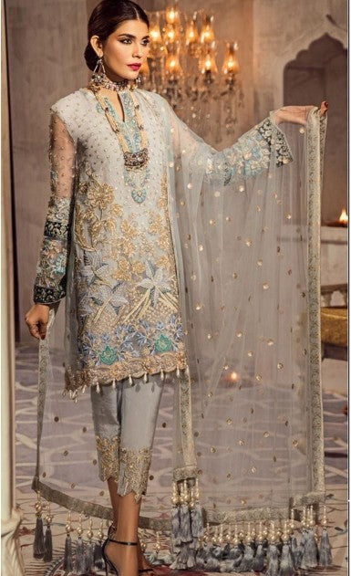 Indian & Pakistani Style Silver Grey Embroidered Net Formal Ensemble