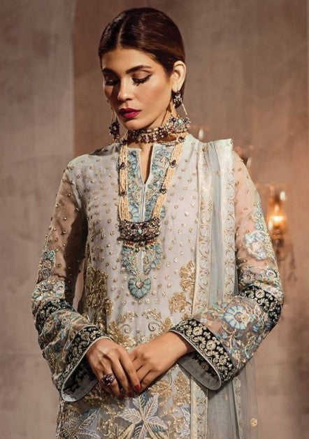 Indian & Pakistani Style Silver Grey Embroidered Net Formal Ensemble