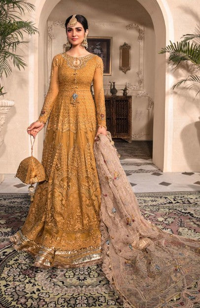 Indian & Pakistani Style Mustard Gold Embroidered Net Formal Ensemble for Women
