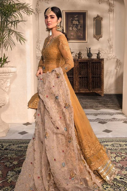 Indian & Pakistani Style Mustard Gold Embroidered Net Formal Ensemble for Women