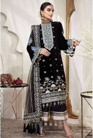 Indian & Pakistani Style Black Velvet Embroidered Formal Ensemble with Blue Accents for Women
