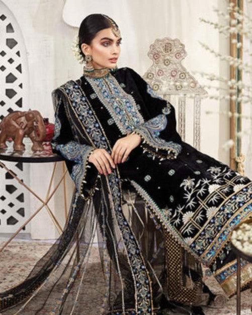 Indian & Pakistani Style Black Velvet Embroidered Formal Ensemble with Blue Accents for Women
