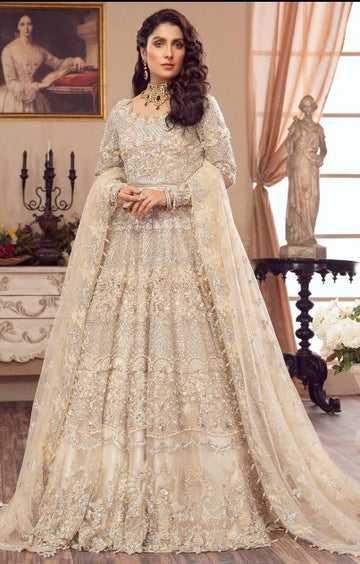 Indian & Pakistani Style Ivory Embroidered Net Bridal Ensemble Maxi