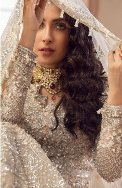 Indian & Pakistani Style Ivory Embroidered Net Bridal Ensemble Maxi